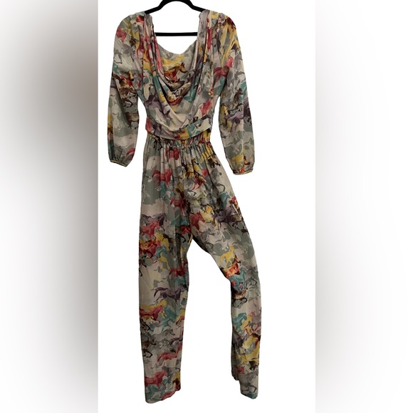 Ainsley Pants - Jumpsuit Horse Print Watercolor, Sz M, Cotton&Silk, Exquisite Drape by Ainsley